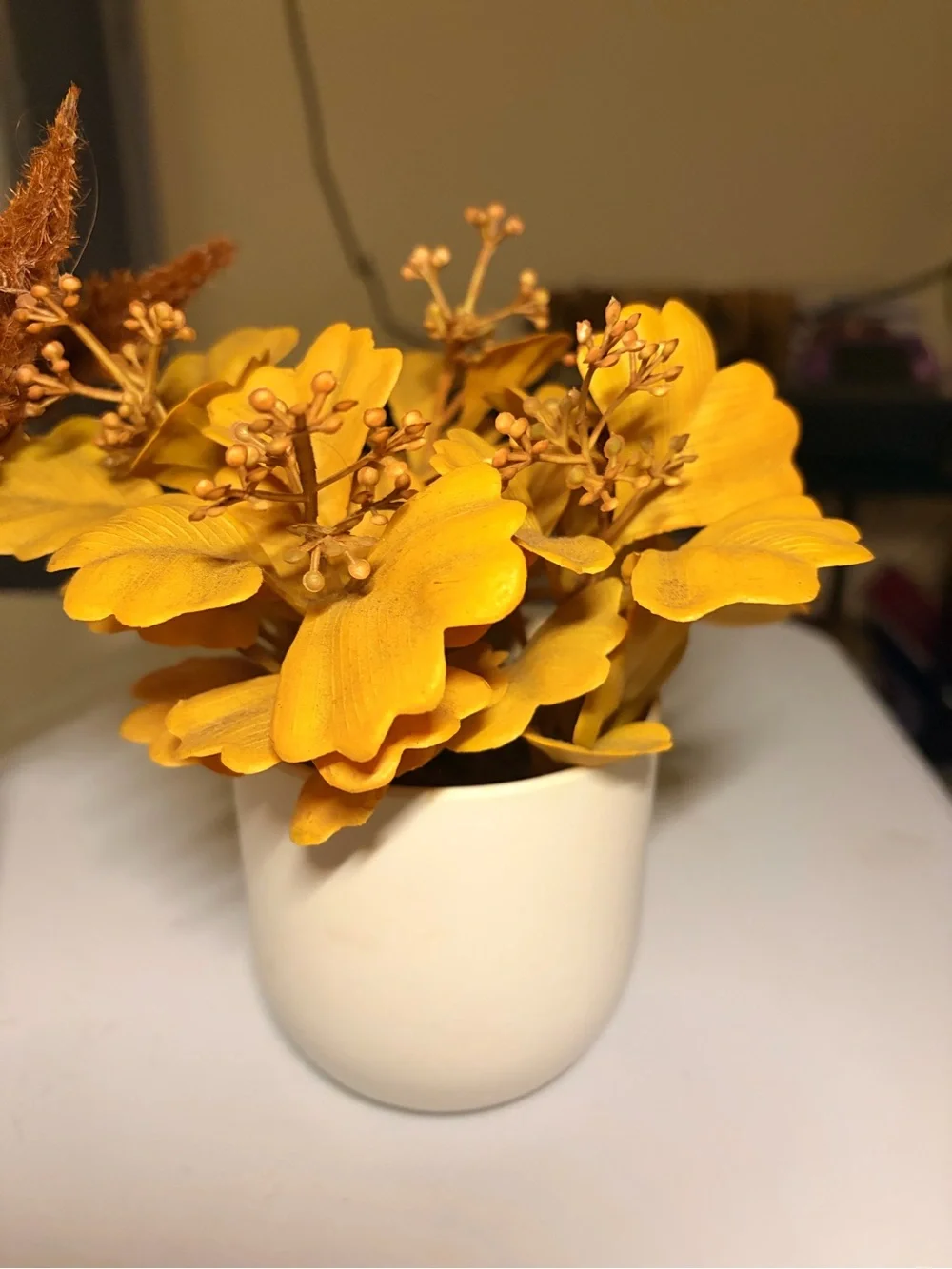 Artificial Fall Floral Arrangement in White Ceramic Pot - Yellow & Brown